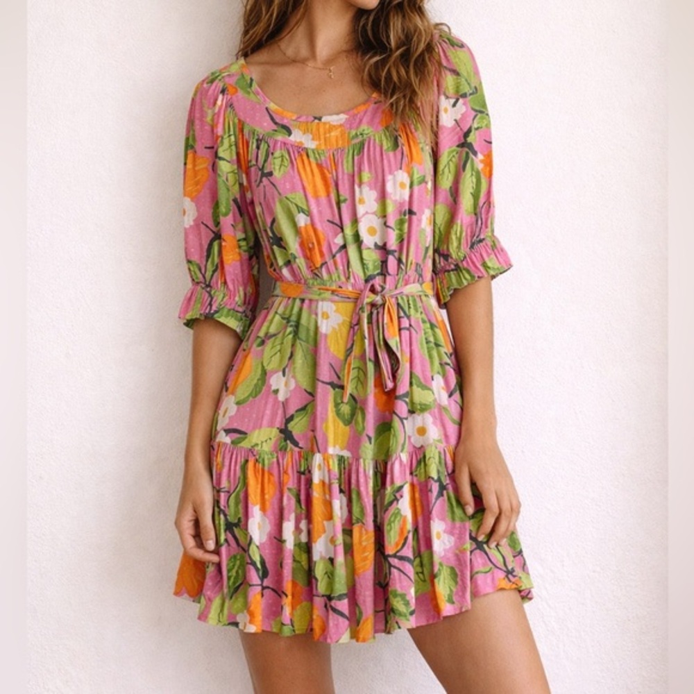 Olivia James‎ Pink Green Floral Cotton Tie Waist Dress Small Vacation Summer